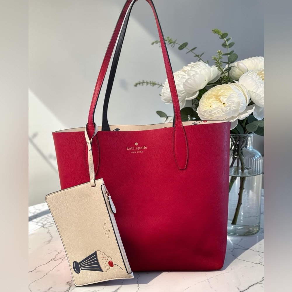kate spade Tote and Pouch. Cherry & Ice Cream Print Reversible Red Inside NWOT - Picture 7 of 7